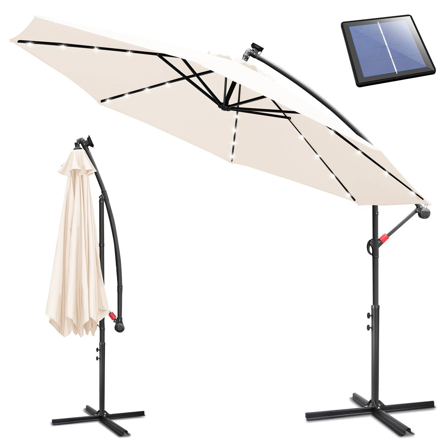 Ein großer beiger Sonnenschirm mit Kippfunktion und einer Solarmodulanlage an der Seite, gezeigt auf- und zugeklappt, konzipiert für die Außennutzung.