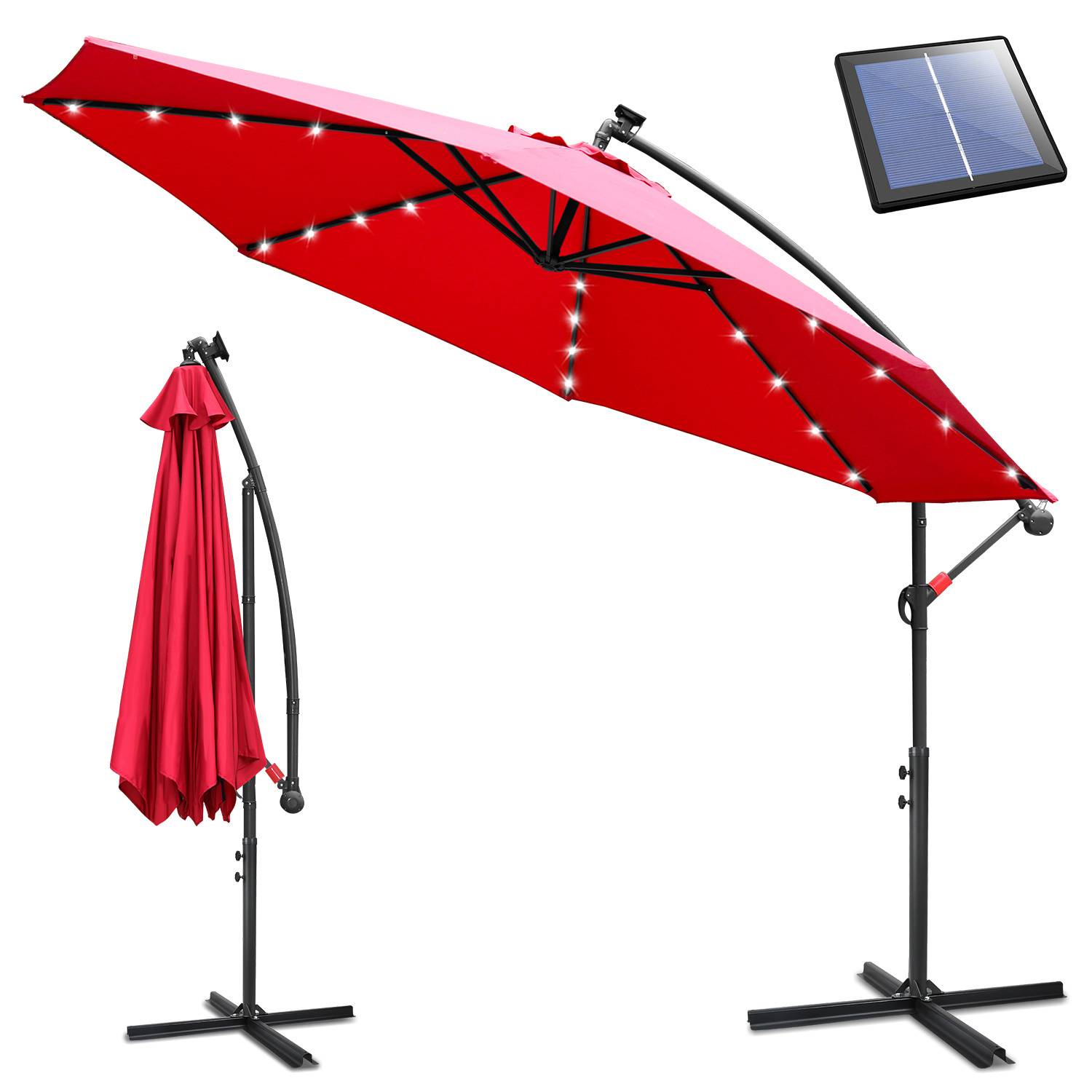 Roter Kragarm-Sonnenschirm mit solar-betriebenen LED-Leuchten, gezeigt auf- und zugeklappt, mit Solarpanel zum Aufladen.
