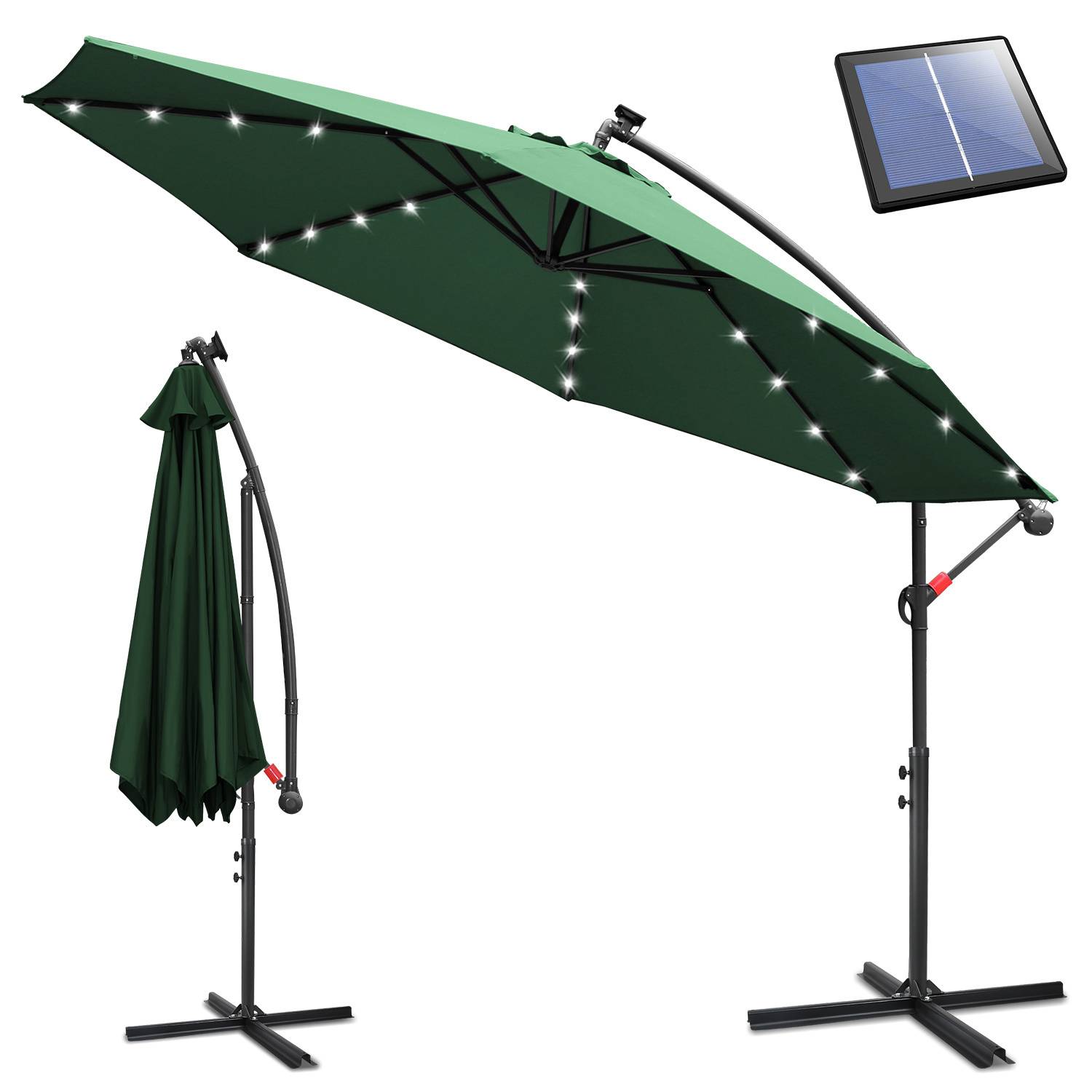 Grüner Terrassenschirm mit solar-betriebenen LED-Leuchten und verstellbarem Ständer, geöffnet und geschlossen dargestellt. Inklusive Solarpanel-Aufsatz.