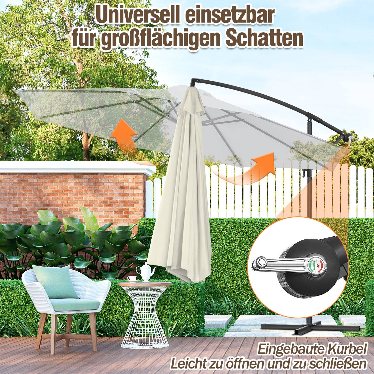 Ein großer Terrassenschirm mit verstellbarem Winkel bedeckt Terrassenmöbel. Der Text hebt „Universelle Verwendung für großflächigen Schatten
