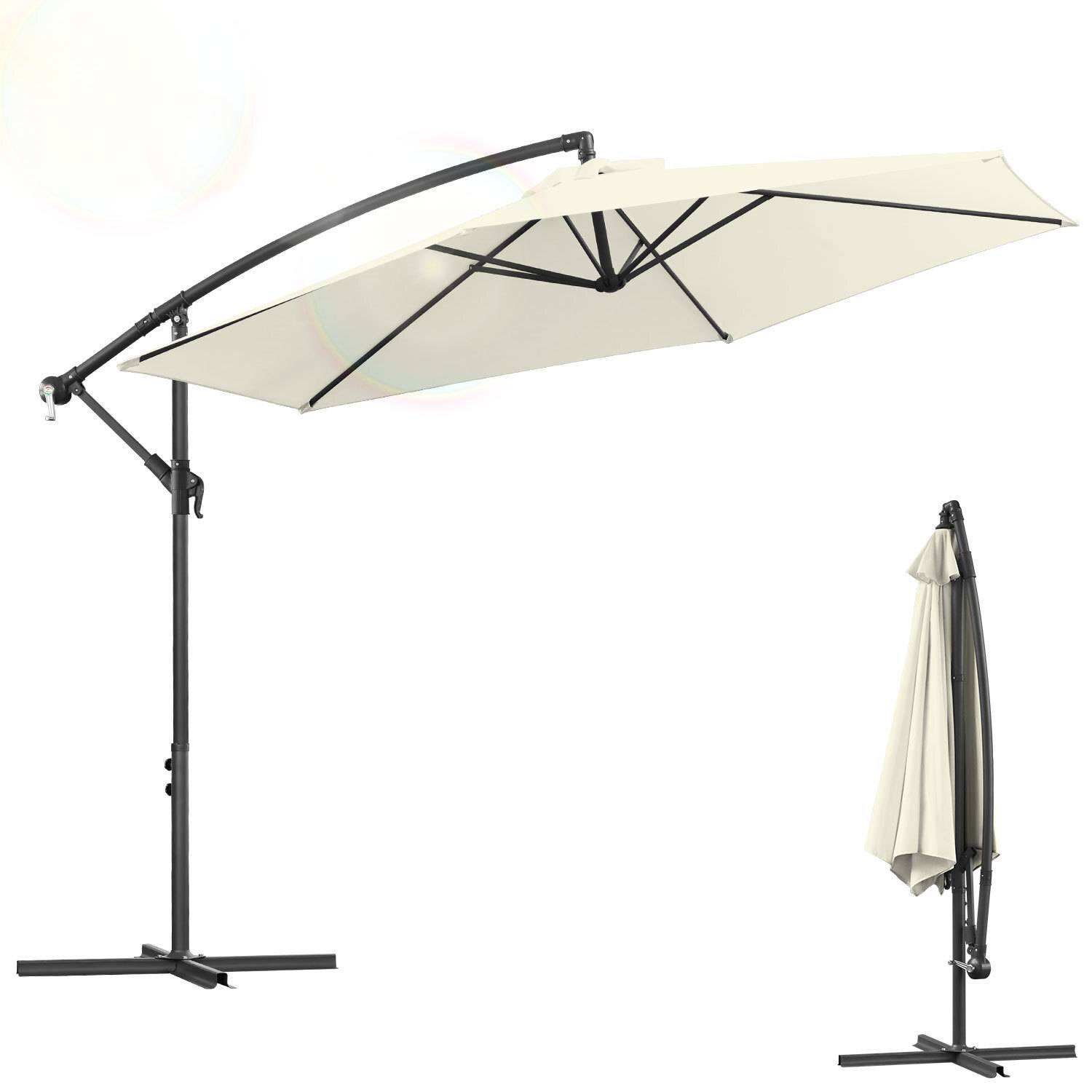 Freitragende Terrassensonneannschirm mit beigem Dach, geöffnet und geschlossen gezeigt. Schwarzer Metallrahmen, konzipiert für Außenschatten.
