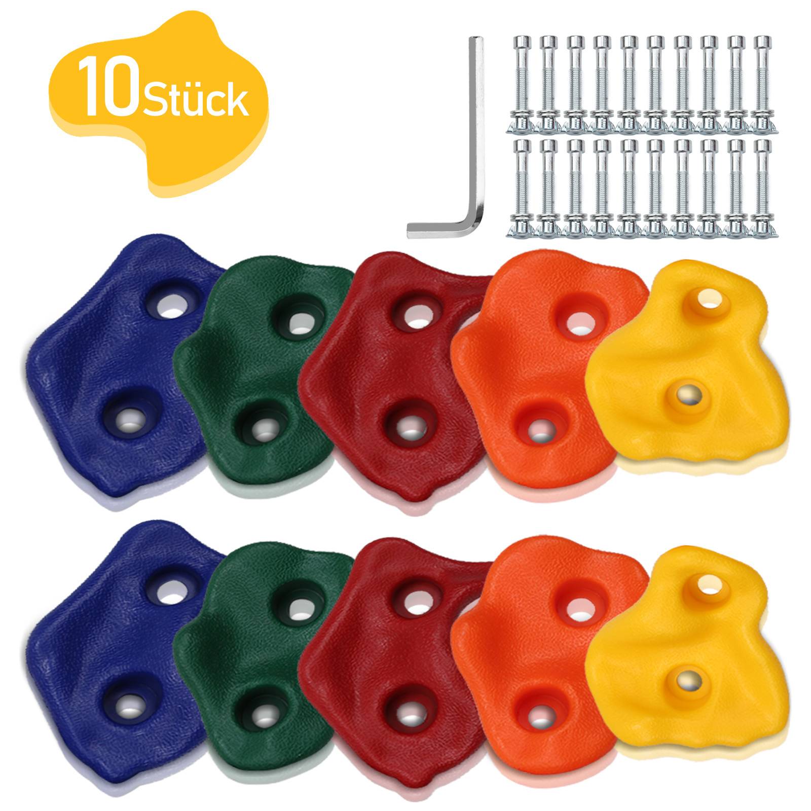 10er Set' Klettergriffe in Blau, Grün, Rot und Gelb mit Schrauben und Innensechskantschlüssel, geeignet für Innen- oder Außenwände.