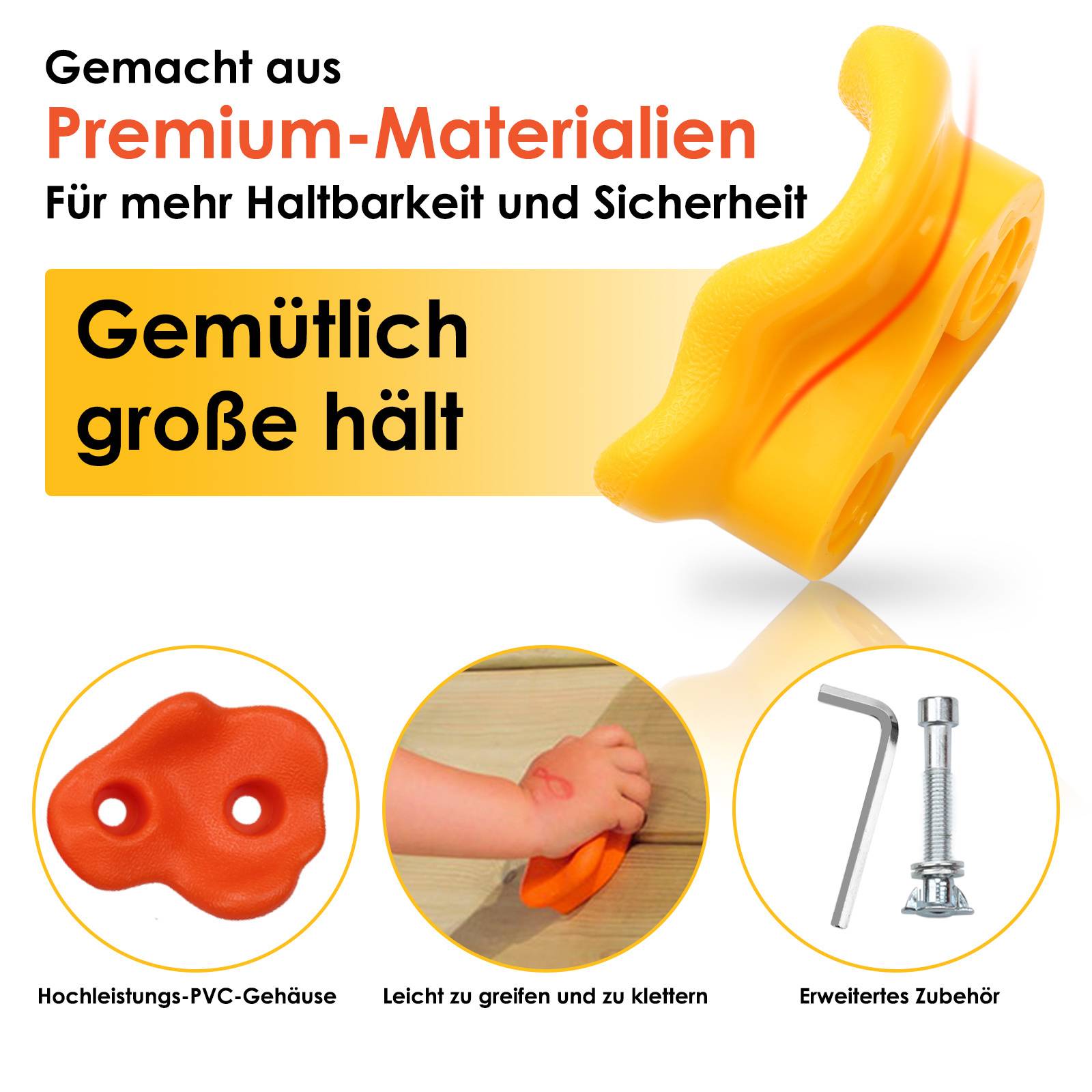 Aus Premium-Materialien gefertigt' Display; zeigt einen orangefarbenen Trittstein und einen Sechskantbolzen, die Langlebigkeit und Sicherheit bei Kletterzubehör betonen.