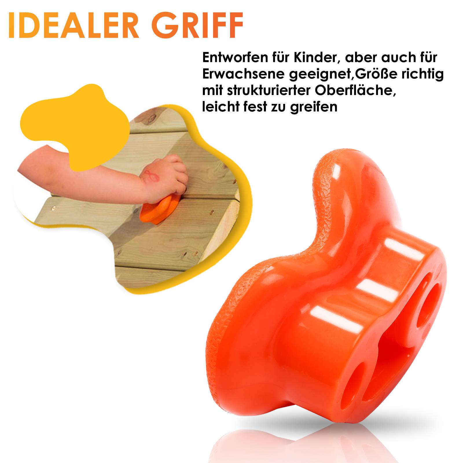 Orange, ergonomisch gestalteter Griff zum einfachen Greifen, geeignet für Kinder und Erwachsene. Das Bild zeigt ein Kind, das ihn komfortabel hält.