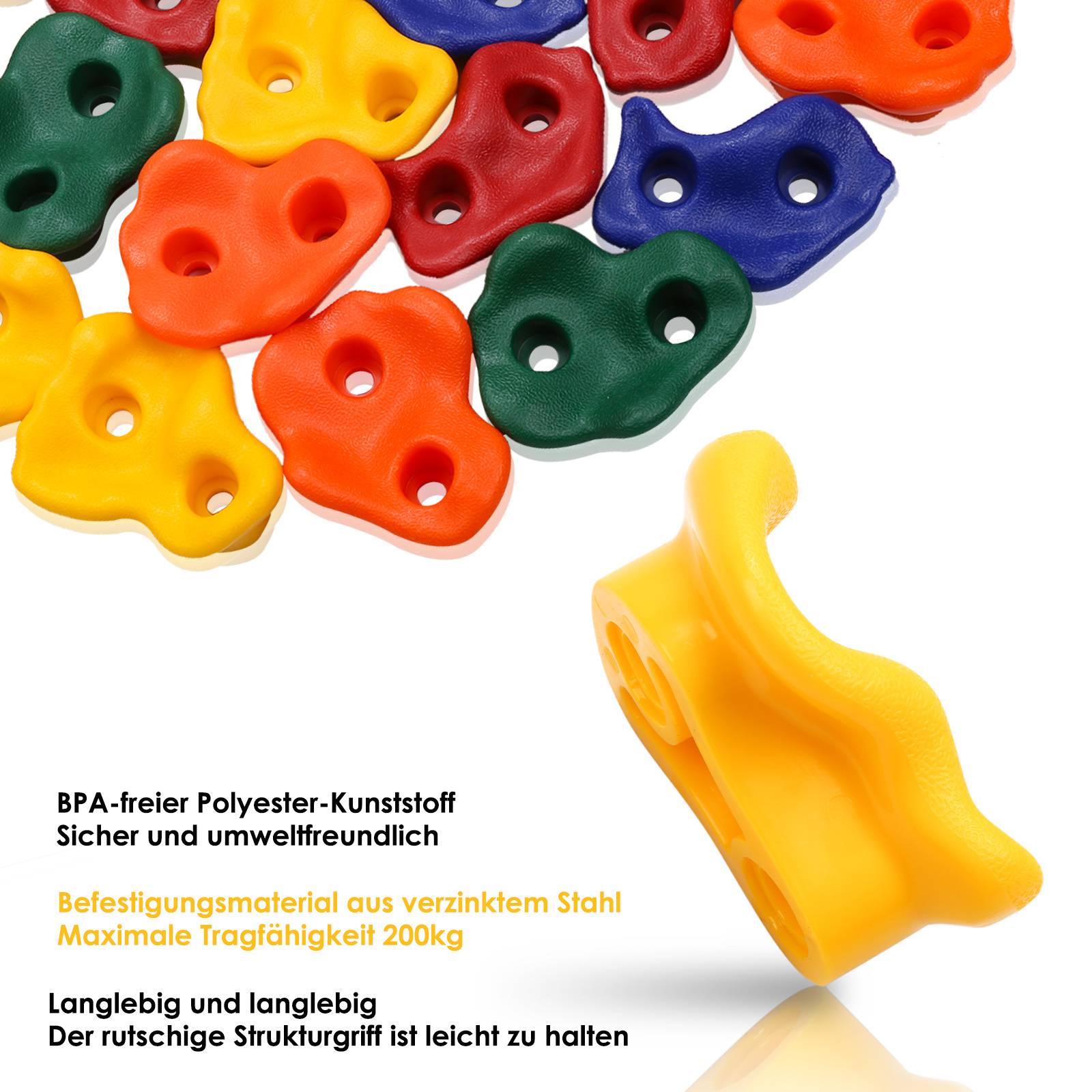 Farbenfrohe Klettergiffe in Rot, Gelb, Orange, Blau und Grün mit einem separat abgebildeten gelben Griff. Der Text enthält Details zu Material und Tragfähigkeit: Polyester, verzinkter Stahl, 200 kg.