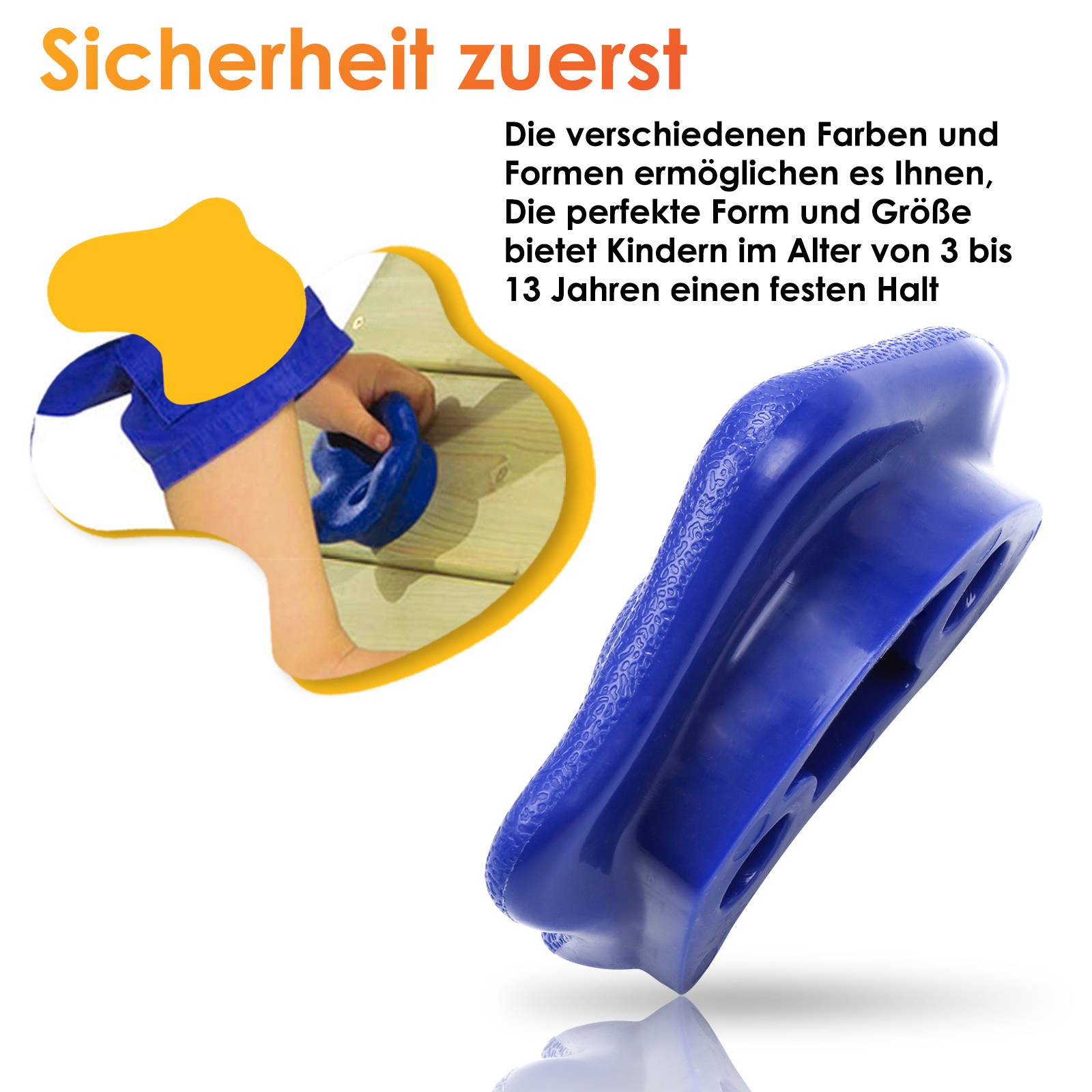 Das Bild zeigt einen blauen Kletterhalt, der für Kinder im Alter von 3-13 Jahren entwickelt wurde und mit dem Text „Sicherheit zuerst