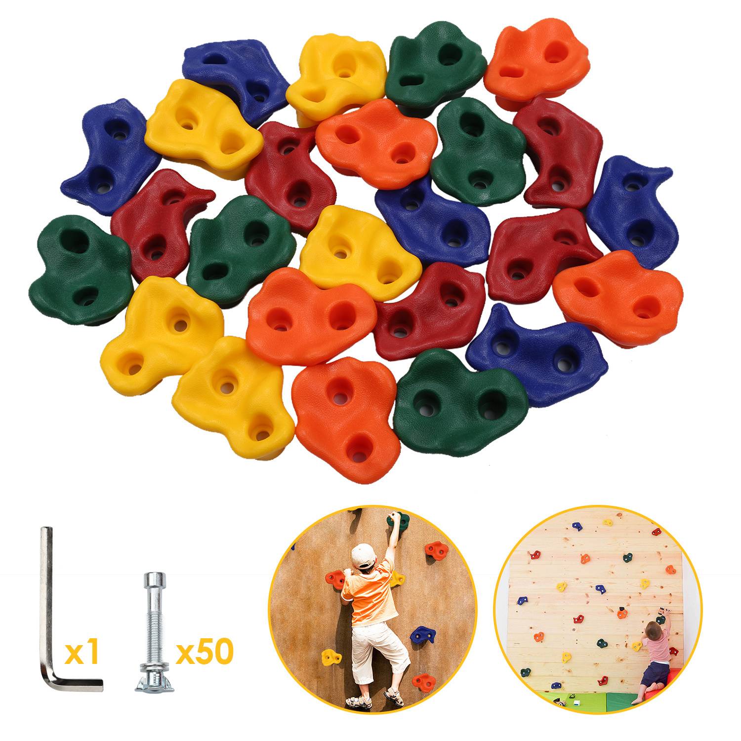 Farbige Klettergriffe in einer Ansammlung angeordnet; umfasst Werkzeuge und Schrauben. Zwei kreisförmige Vergrößerungen zeigen die Verwendung an der Kletterwand.