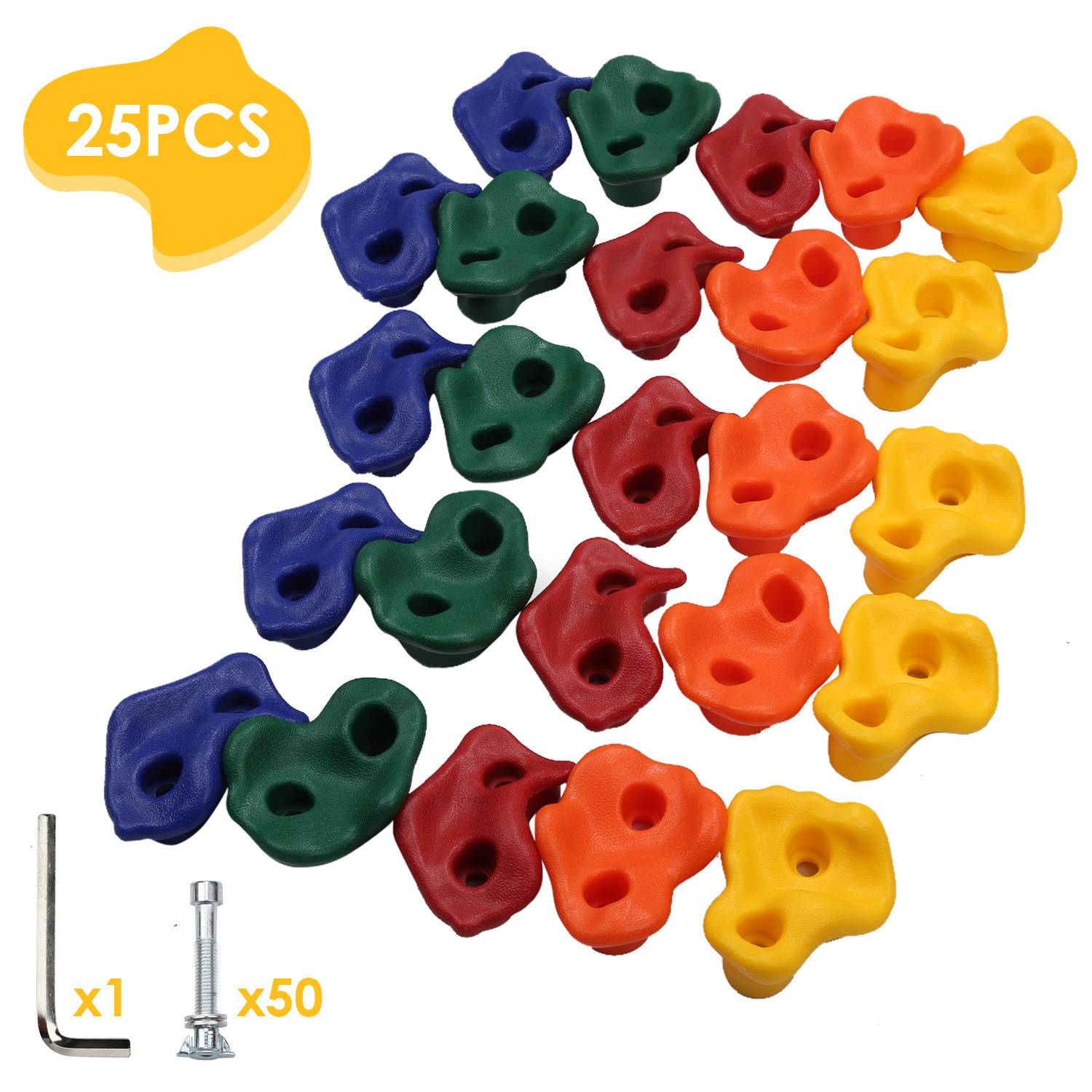 25er' Set aus farbenfrohen Klettergriffen in verschiedenen Formen mit angezeigtem Allen-Schlüssel und Bolzen.
