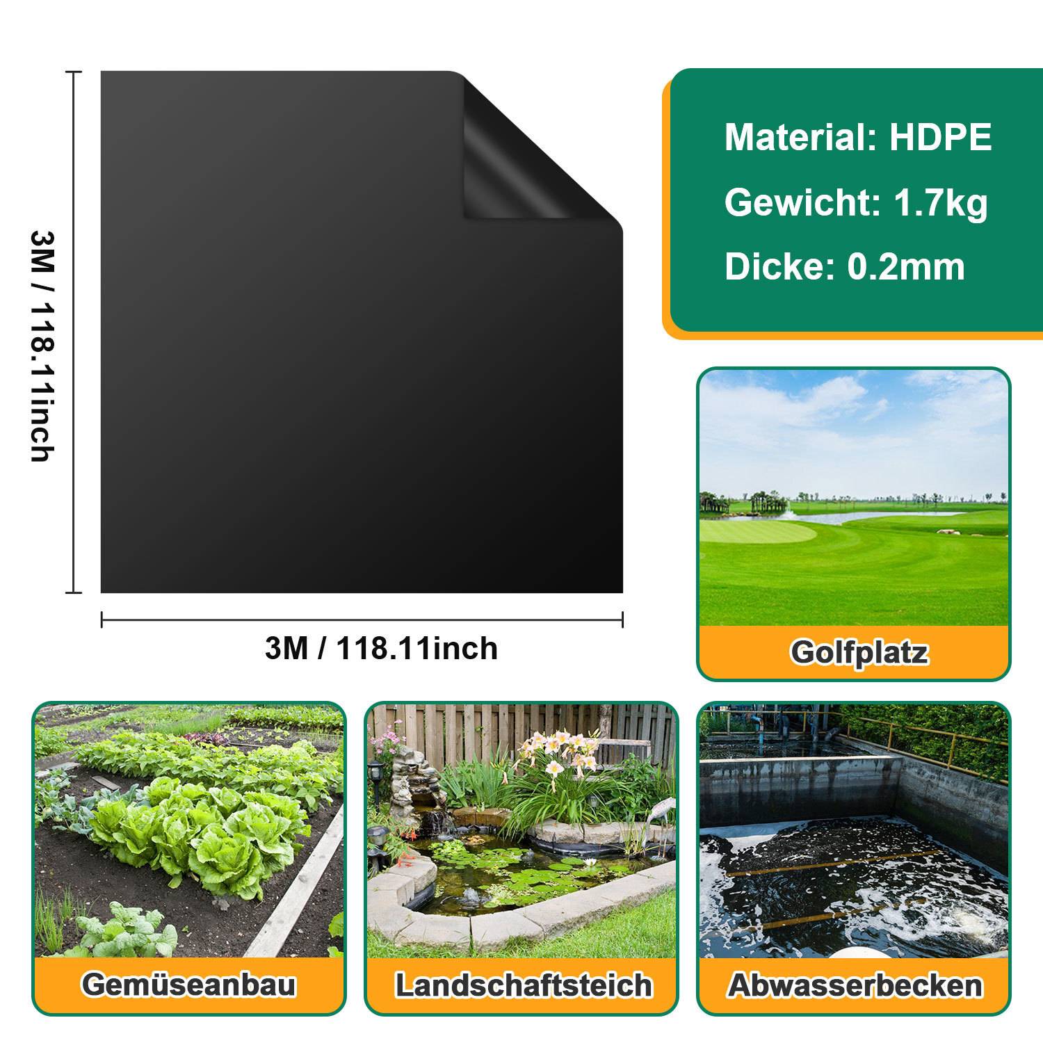 Diagramm eines schwarzen HDPE-Blattes. Abmessungen: 3 m × 3 m. Material: HDPE, Gewicht: 1,7 kg, Dicke: 0,2 mm. Verwendung: Gemüsebeete, Landschaftsgestaltung, Abwasserbecken.