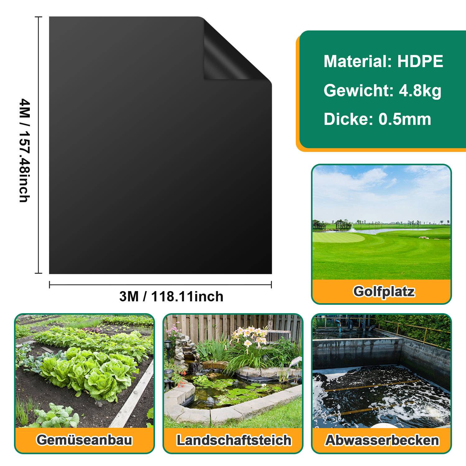 Ein schwarzes 4m x 3m HDPE-Blatt wird hervorgehoben. Verwendungen dargestellt: Gemüseanbau, Gartenteich, Abwasserbecken und Golfplatz. Gewicht: 4,8kg, Dicke: 0,5mm.