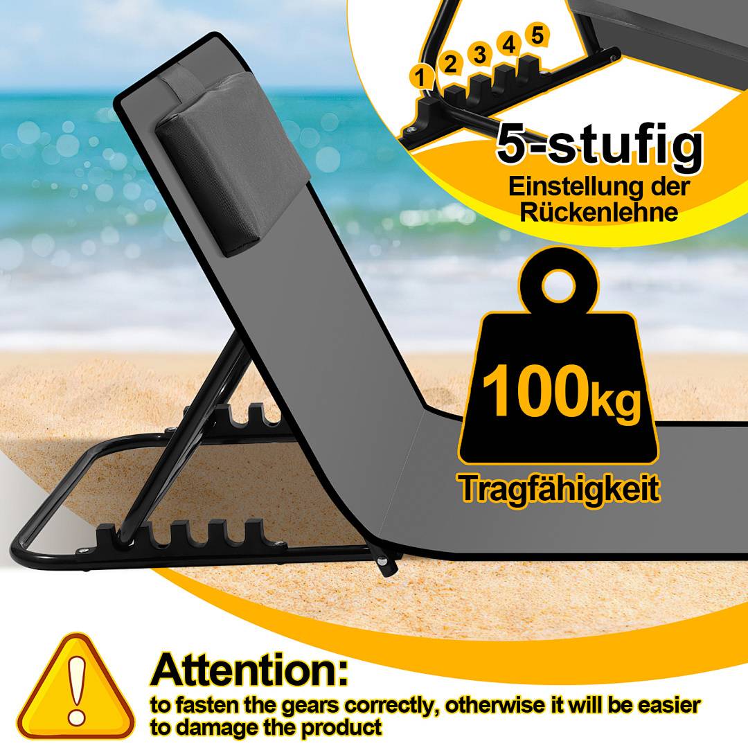 Liegestuhl am Strand, verstellbar in fünf Positionen. Maximale Belastbarkeit: 100 kg. Warnung: Stellen Sie sicher, dass die Zahnräder befestigt sind, um Beschädigungen zu vermeiden.