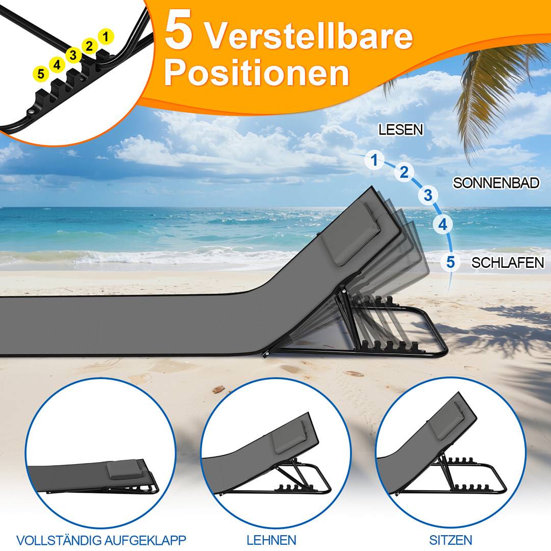 5 Verstellbare Positionen' im Deutschen hebt einen Strandsessel mit fünf verstellbaren Positionen hervor: vollständig flach, geneigt, sitzend, lesend, sonnenbadend und schlafend.