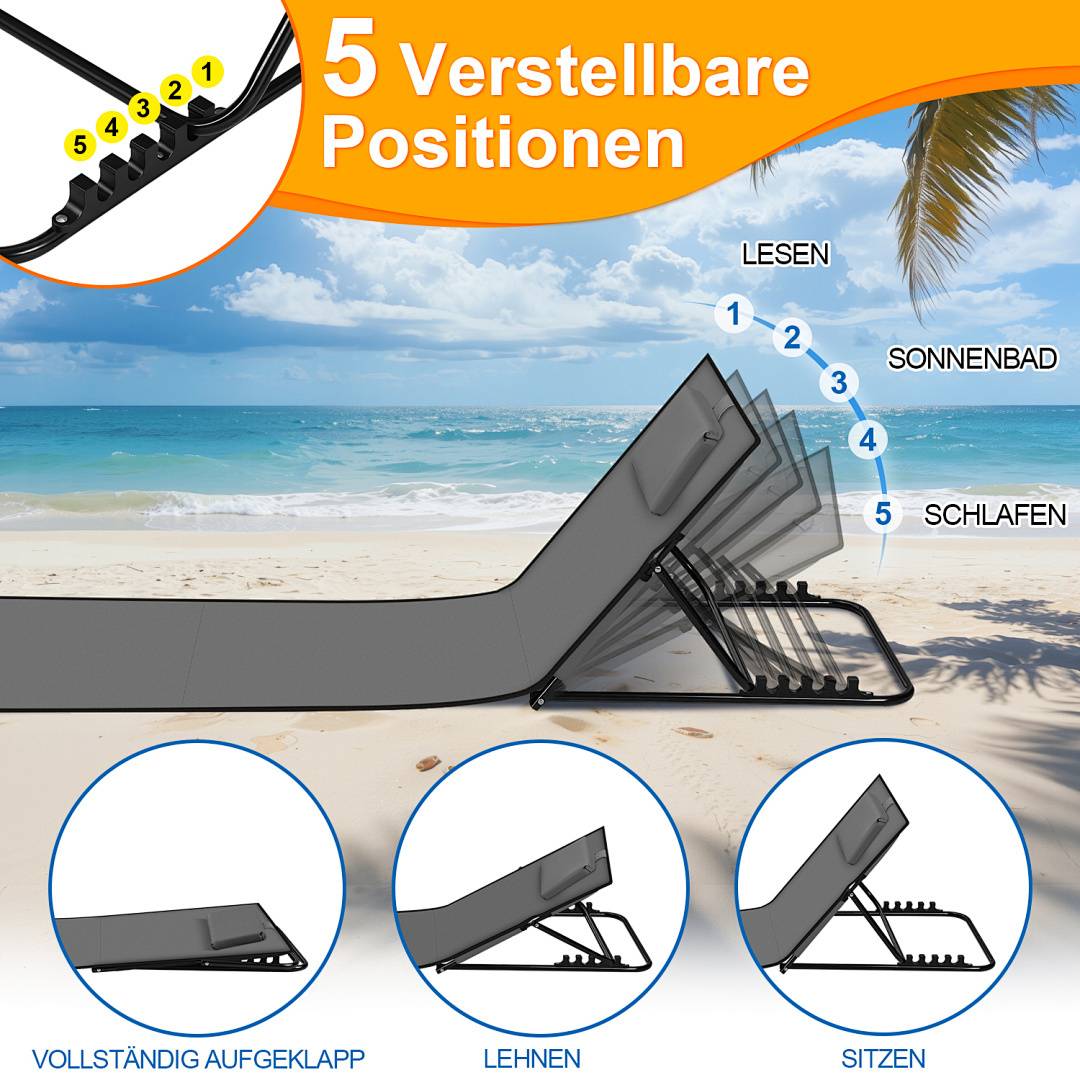 Eine Sonnenliege am Strand bietet fünf verstellbare Positionen: vollständig flach, geneigt, aufrecht sitzen. Sie ist für Aktivitäten wie Lesen und Sonnenbaden konzipiert.