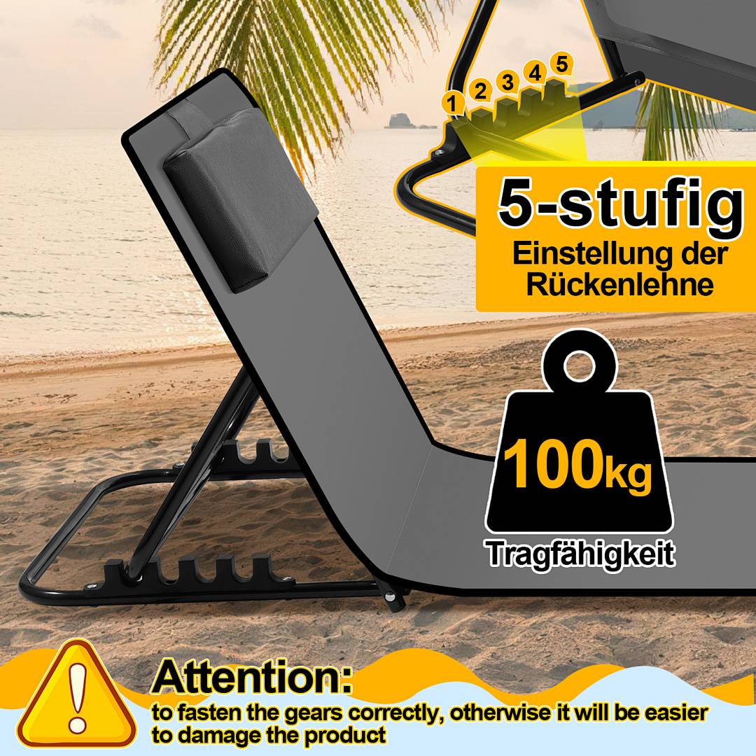 Ein Strandliege mit verstellbarer Rückenlehne, die fünf Positionen und eine maximale Belastbarkeit von 100 kg bietet.