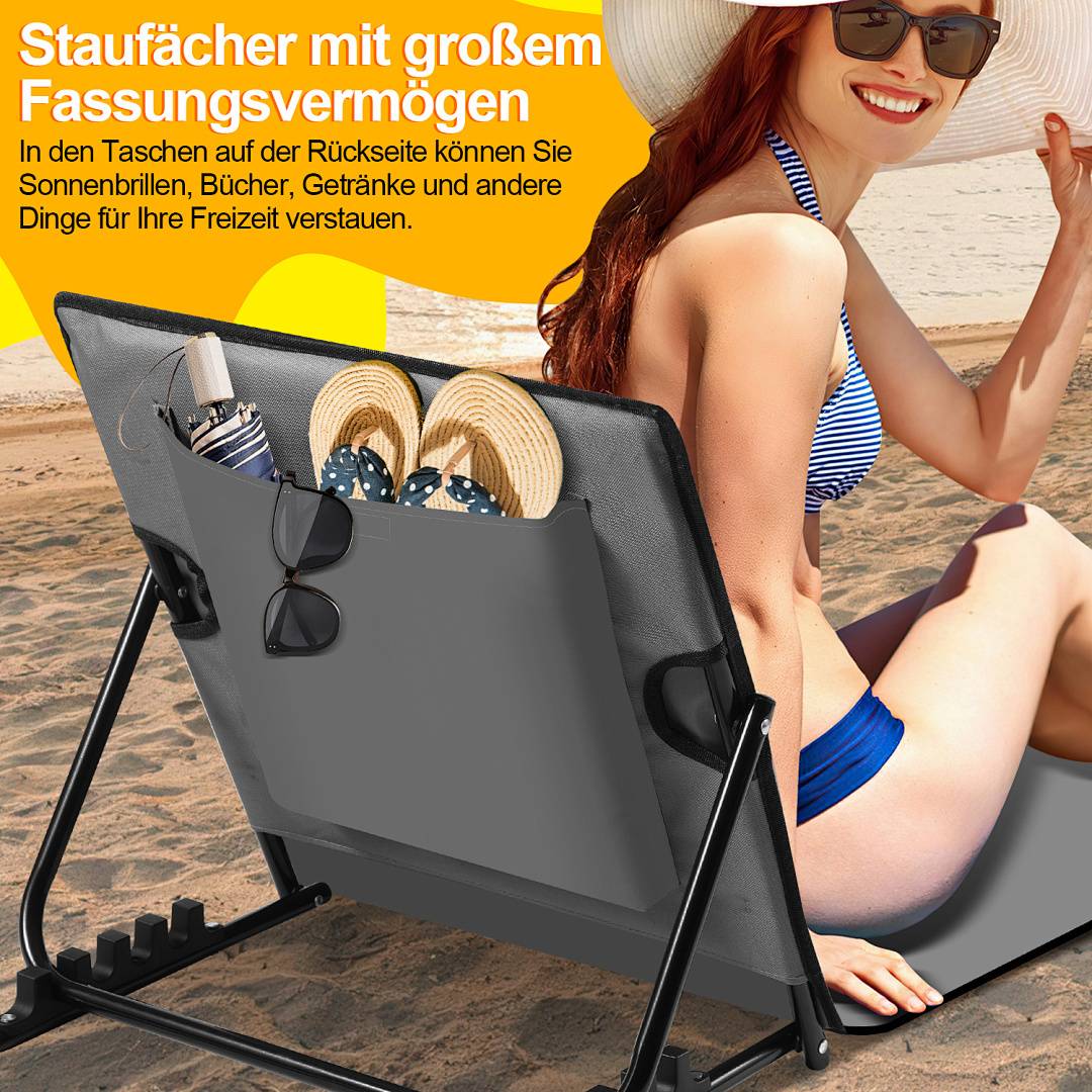 Eine Person in einem blauen Badeanzug und Sonnenhut entspannt sich auf einem Strandsessel mit gelbem Hintergrund. Text auf Deutsch bewirbt eine Aufbewahrungstasche für Freizeitaktivitäten.