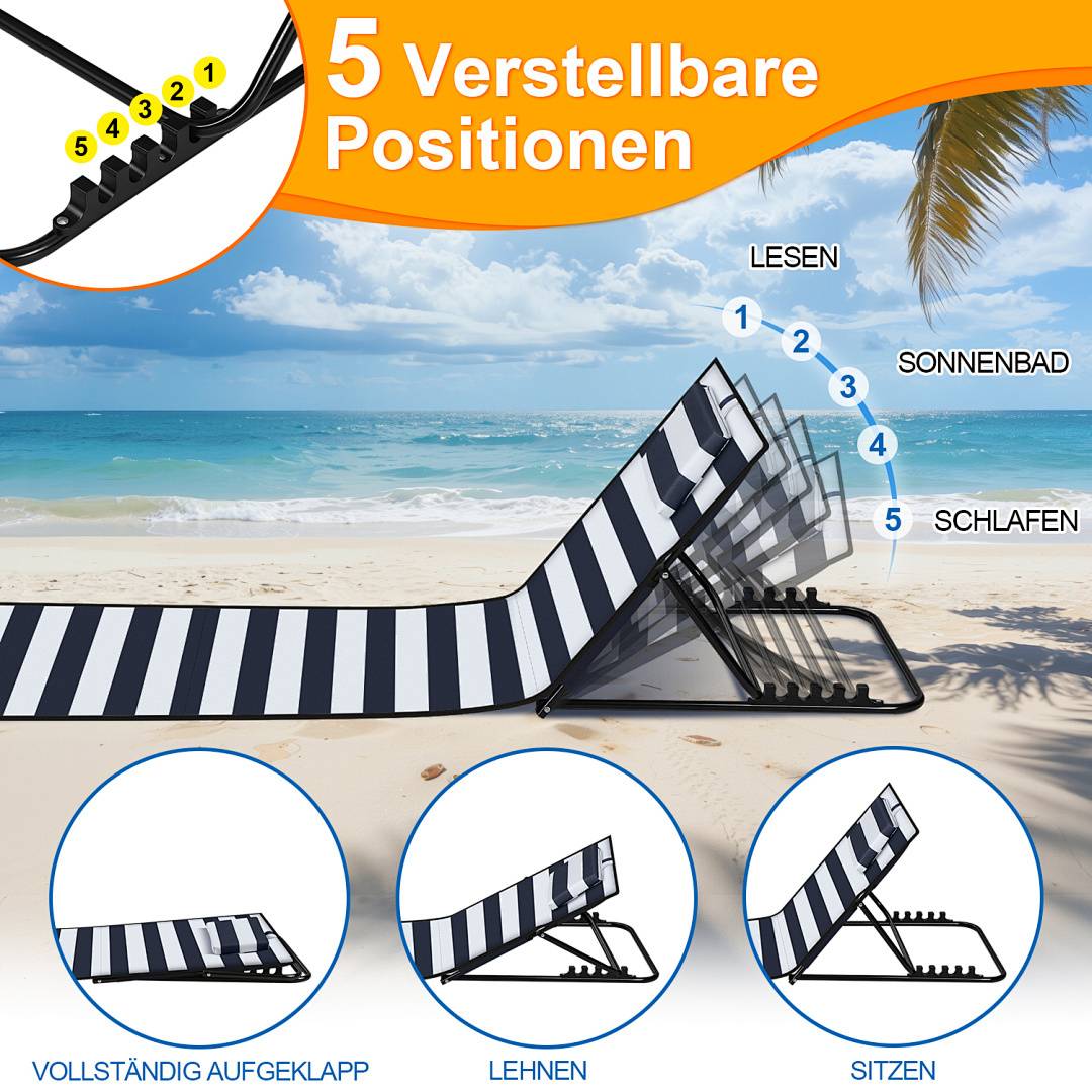 Ein Strandsessel mit fünf einstellbaren Positionen dargestellt: vollständig flach, leicht zurückgelehnt, aufrecht sitzend und zwei Zwischenpositionen.