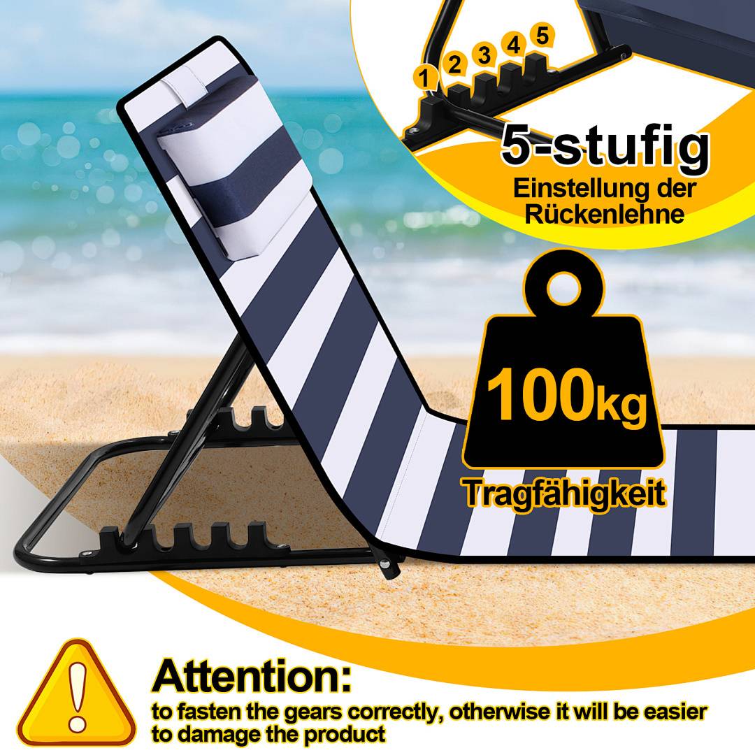 Ein gestreifter Liegestuhl mit verstellbarer Rückenlehne und einer Gewichtsbegrenzung von 100kg. Enthält eine Warnung bezüglich der Verstellung von Komponenten.