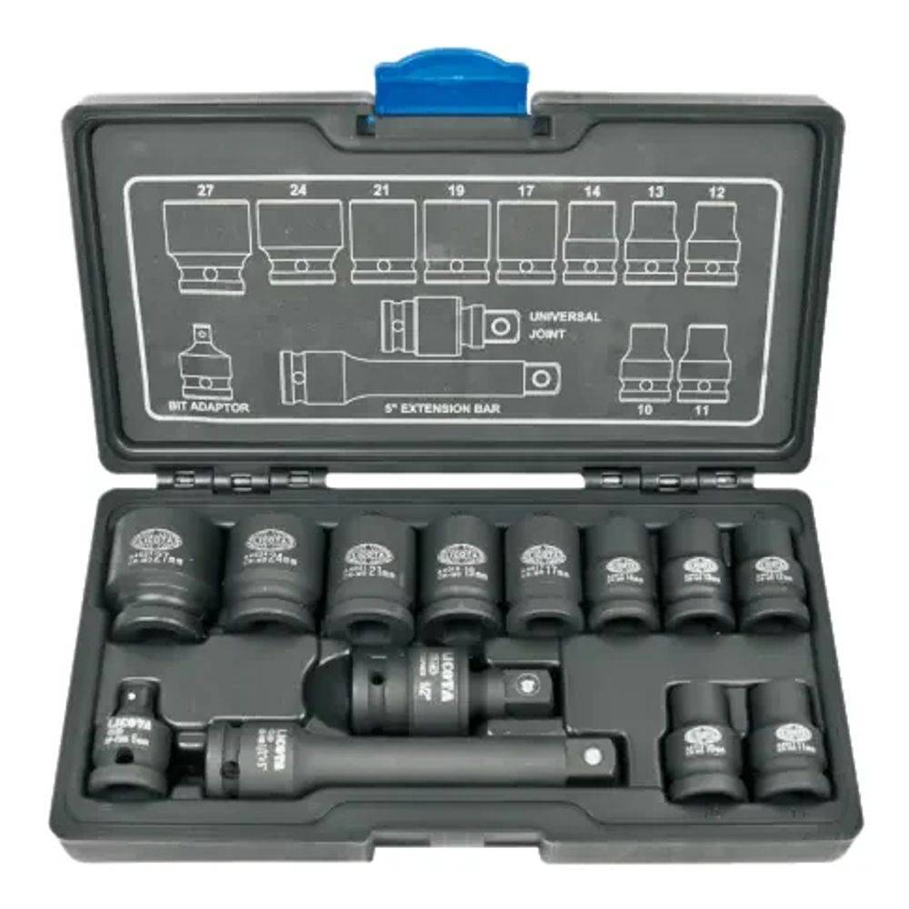 Steckschlüssel-Set mit verschiedenen Größen in einem schwarzen Koffer, beschriftete Fächer, blauer Griff oben. Umfasst Steckschlüssel, Verlängerungsstange und Adapter.