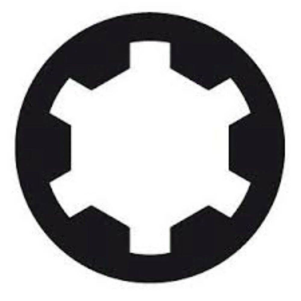 Eine schwarze sechszackige Form in einem Kreis, die einem Zahnrad oder stilisiertem Symbol ähnelt.