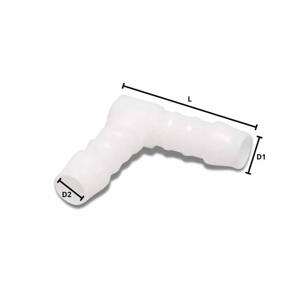 Ein weißer, ellbogenförmiger Anschluss mit zwei unterschiedlich großen Enden, gekennzeichnet mit D1 und D2, und eine mit L markierte Länge, die seine Abmessungen zeigt.