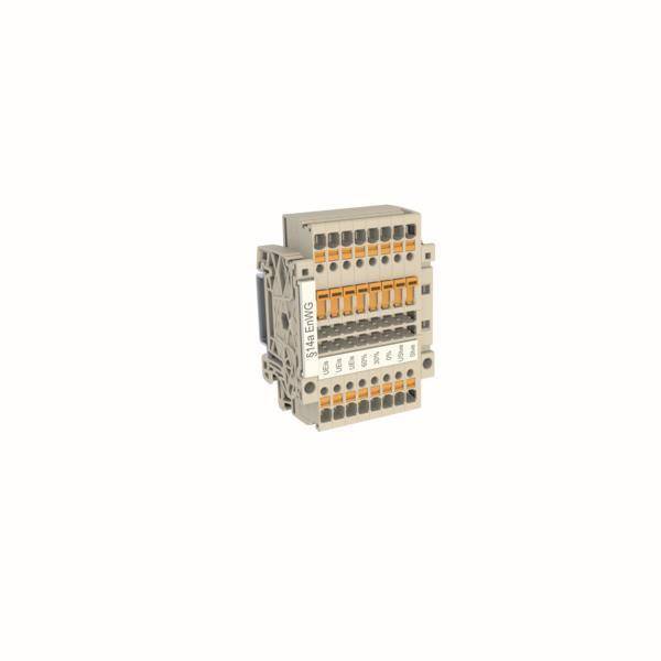 Ein beiges Elektroklemmenbrett mit mehreren Anschllusspunkten und orangefarbenen Hebeln, das in der Schaltungsverwaltung und elektrischen Verteilung verwendet wird.