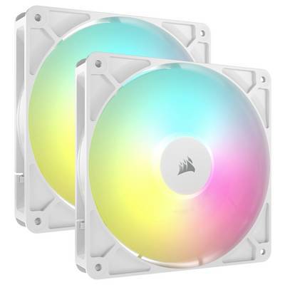 Zwei weiße Kühlventilatoren mit farbenfrohen RGB-Lichtern, mit einem Logo in der Mitte, entwickelt zur Verbesserung der Computerkühlung.