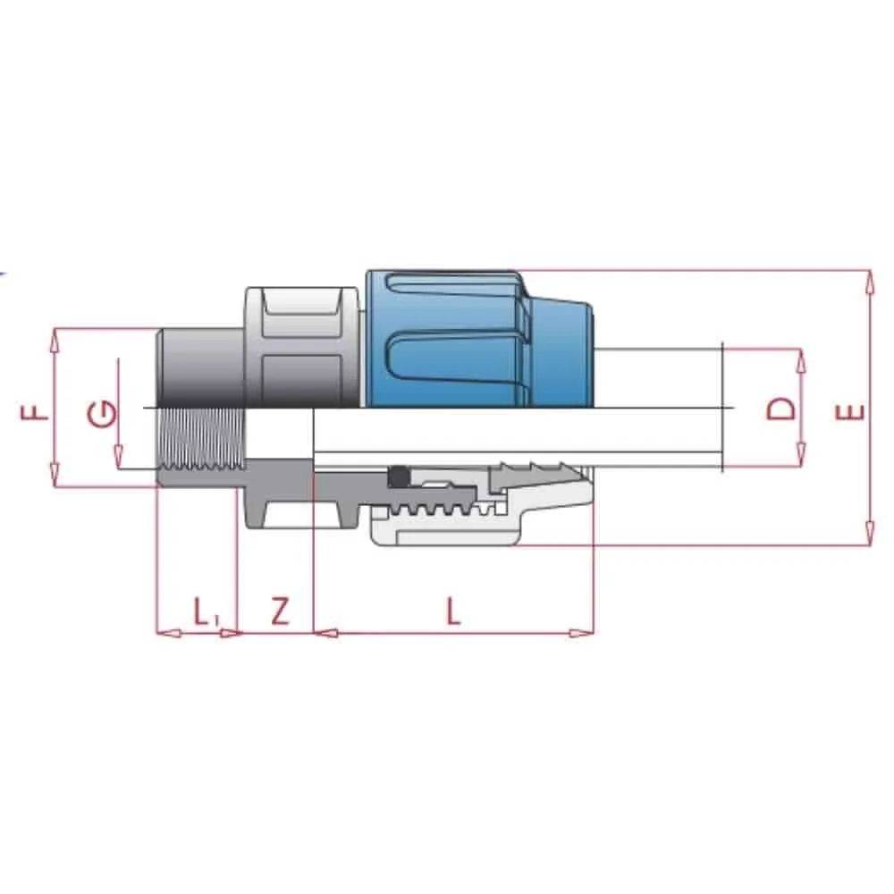 Technisches Diagramm eines Hydraulikverbinders mit beschrifteten Abmessungen: D, E, F, G, H, L1, L2, Z, L. Blaue Kupplung und Gewindelende.