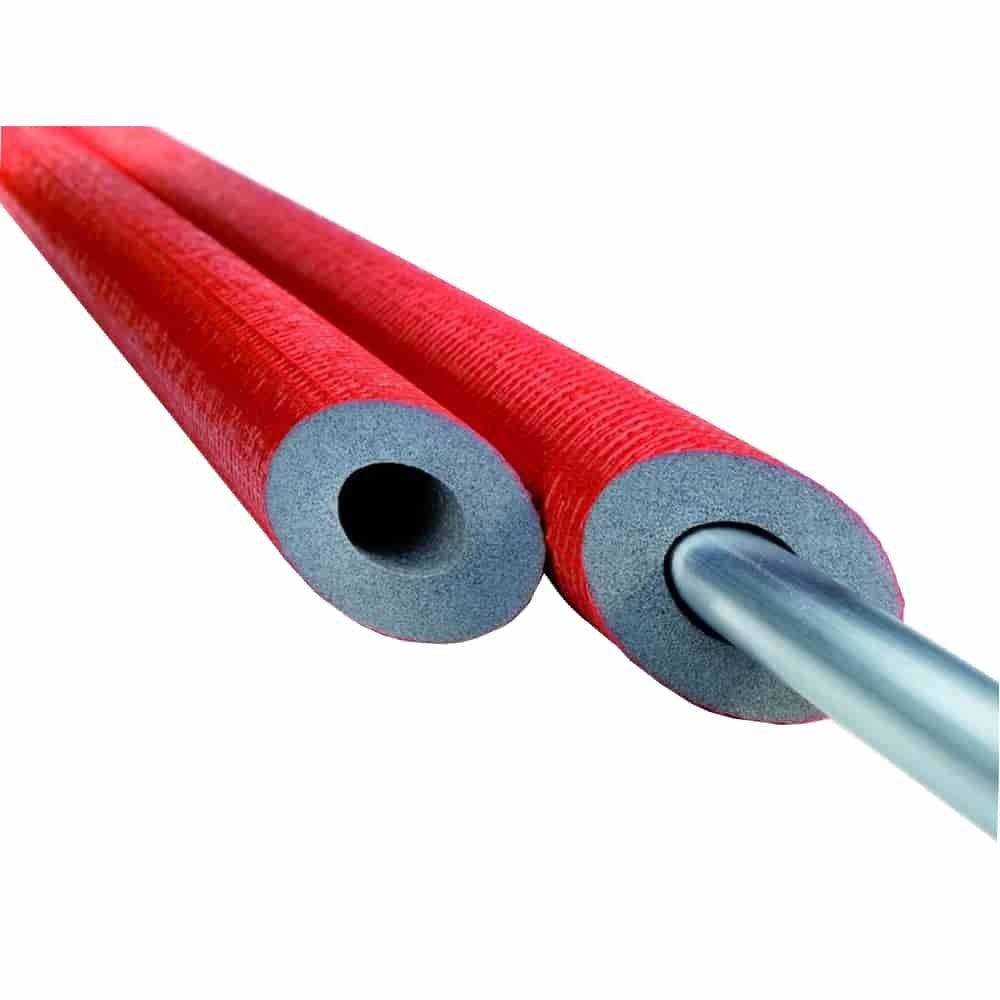 Zwei rote Schaumstoffröhren, eine mit einem eingeführten Metallstab, zur Isolierung verwendet.