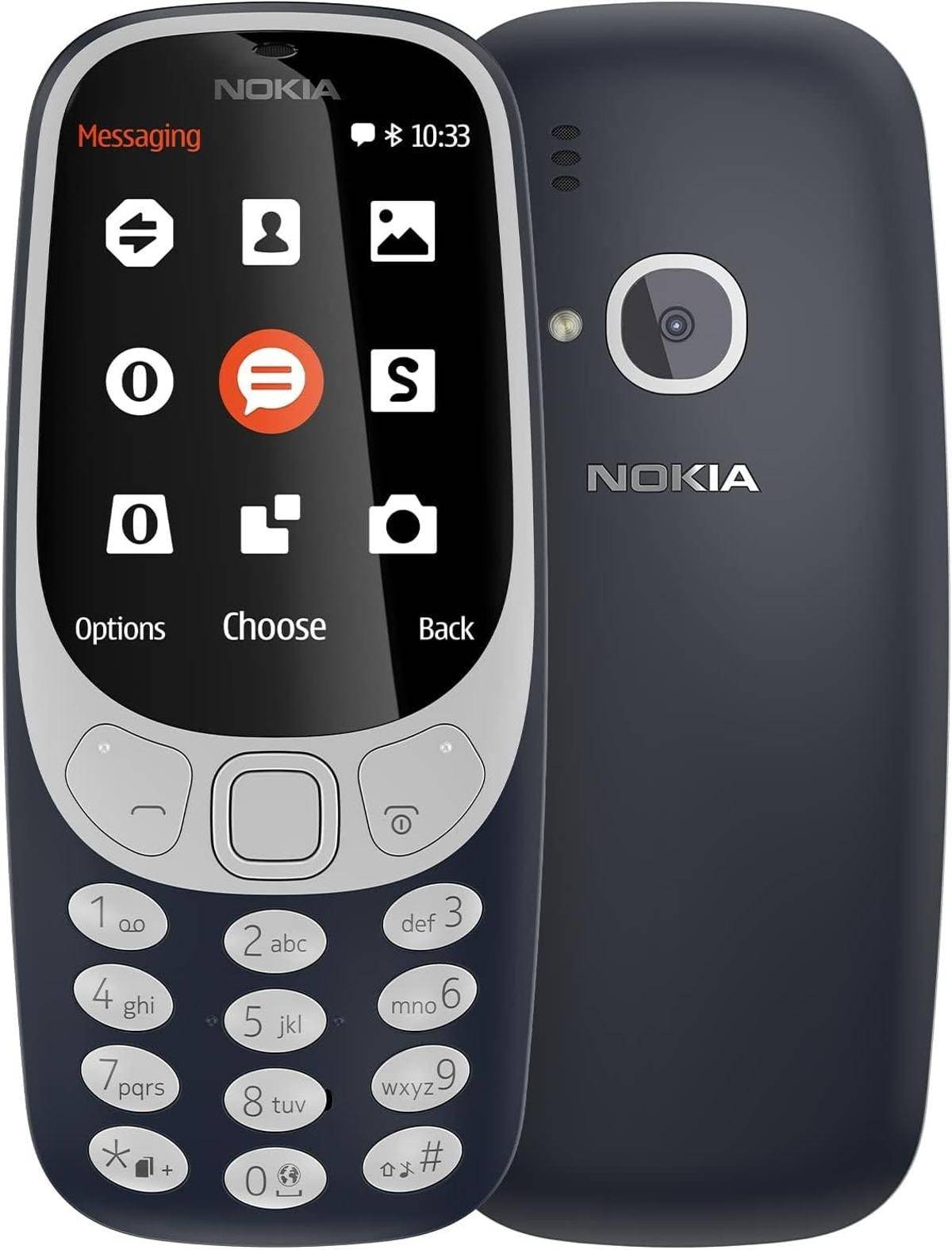 Ein dunkelblauer Nokia-Telefon mit einem kleinen Bildschirm, auf dem Symbole für Apps und Optionen angezeigt werden. Die Tastatur verfügt über große, runde Tasten.