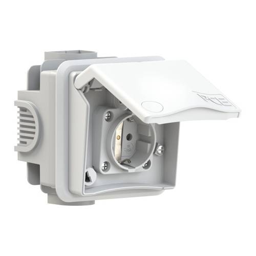 Outdoor-Steckdose mit Schutzdeckel offen, zeigt eine einzelne Steckdose. Entwickelt für wetterfeste Verbindungen.