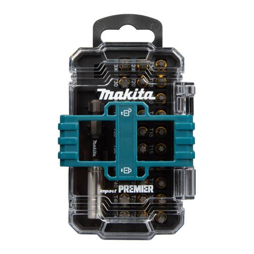 Ein kompaktes Set Makita-Bohrer mit transparentem Koffer, das verschiedene Bohrergröße und einen zentralen Halter zur sicheren Aufbewahrung aufweist.