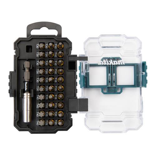Ein kompaktes Bit-Set mit 24 sortierten Schraubendreher-Bits und einem Bit-Halter in einem schwarzen und transparenten Kunststoffkoffer, gekennzeichnet mit „Makita