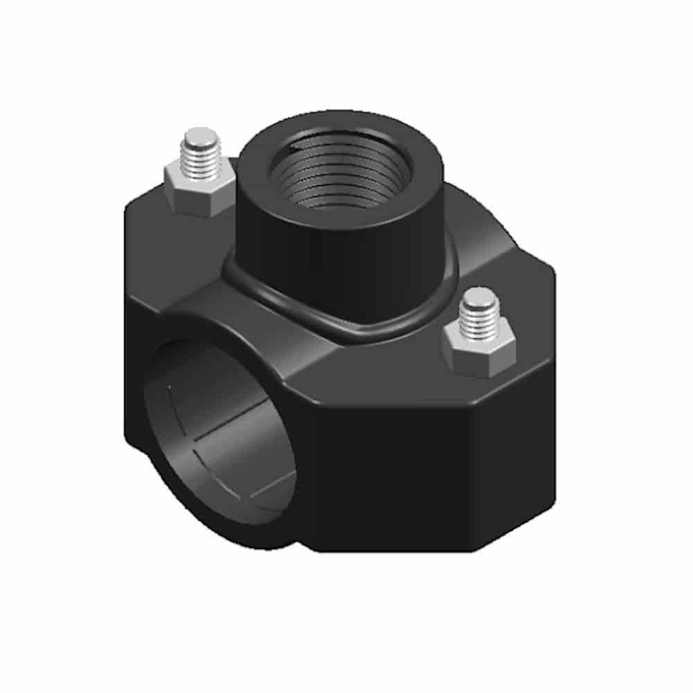 Schwarze mechanische Rohrverschraubung mit gewindeöffnung oben und zwei bolzen zur sicheren befestigung