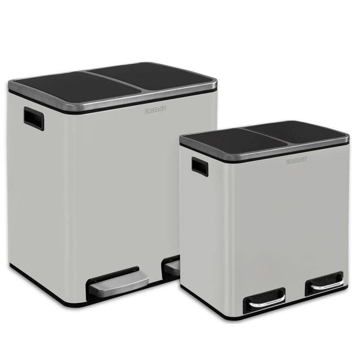 Ein Satz von zwei Edelstahlmüllbehältern mit Fußpedalen, entworfen für Abfall und Recycling. Die Behälter haben ein modernes, minimalistisches Aussehen.