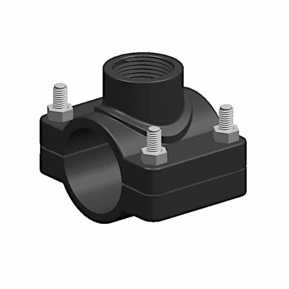 Eine schwarze Rohrklemme mit Gewinde oben und vier Bolzen, die zum Befestigen von Rohren in Sanitär- oder Bauanwendungen verwendet wird.