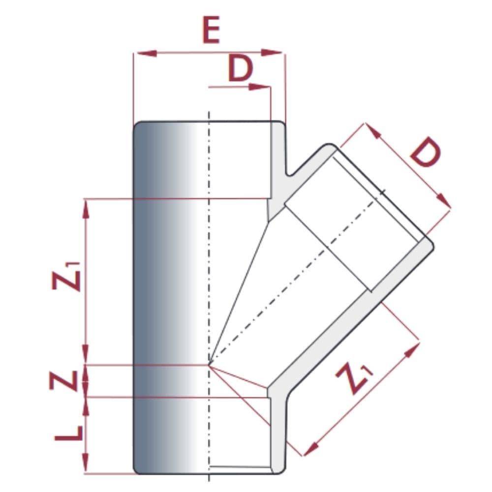 Diagramm einer Rohrleitungsarmatur mit beschrifteten Abmessungen: Z, Z1, Z2, L, D und E, das eine Y-förmige Verbindung mit geneigtem Anschluss zeigt.