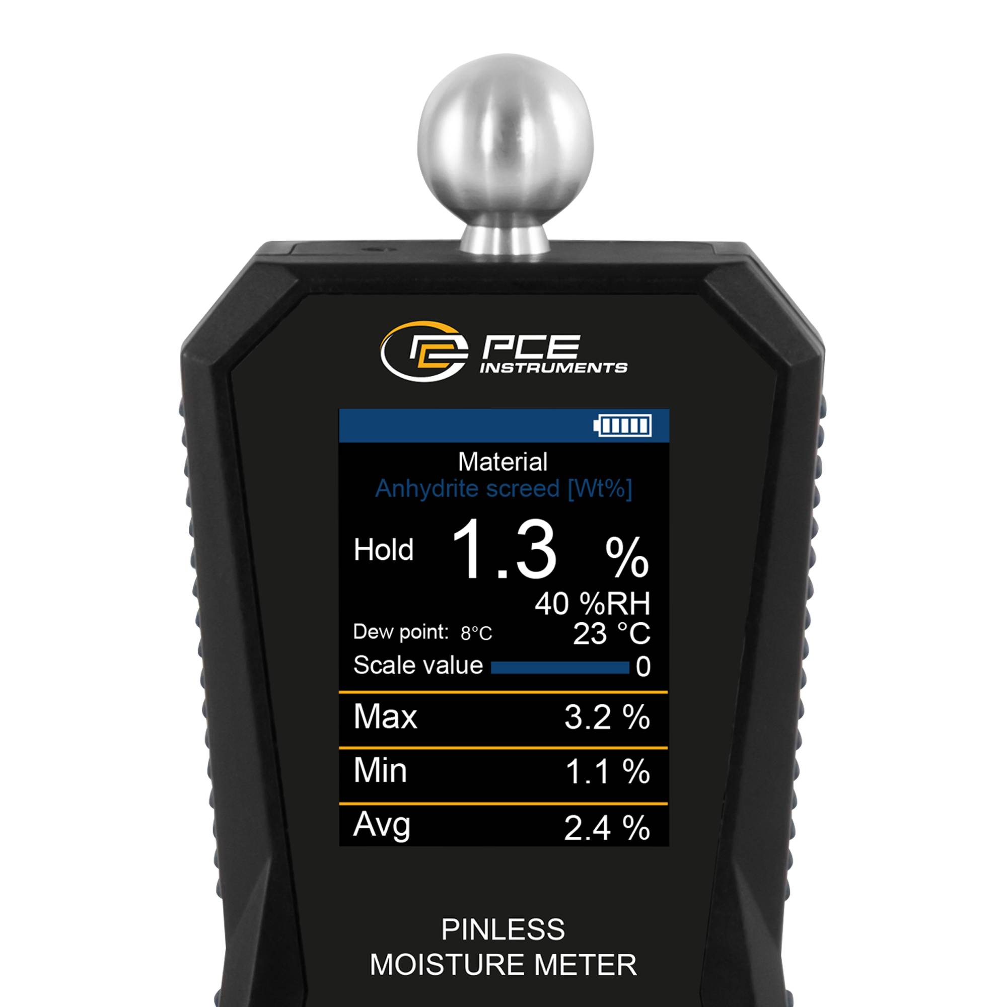 PCE Instruments Holzmessgerät ohne Nadel zeigt Materialtemperatur bei 32°C, 40% RH an, maximale Holzfeuchte 2,2%, minimale 1,1%, Durchschnitt 2,0%.