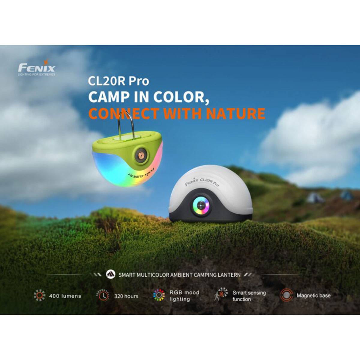 Camping-Laternen mit folgenden Funktionen: 400 Lumen, 320 Stunden Laufzeit, RGB-Stimmungslicht, intelligente Sensorik und magnetische Basis, vor Naturhintergrund.