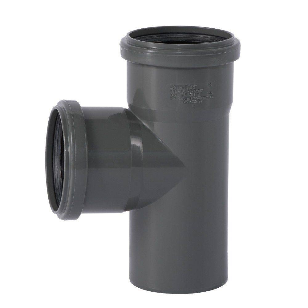 Ein grauer Kunststoffrohrverbinder mit T-förmigem Design, mit drei offenen Enden zum Verbinden von Rohren in Rohrleitungssystemen.