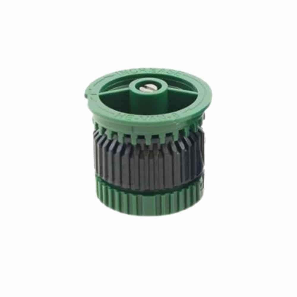 Eine grüne und schwarze Düse, möglicherweise für ein Sprinklersystem, mit gerillten Seiten und einer kleinen zentralen Öffnung.