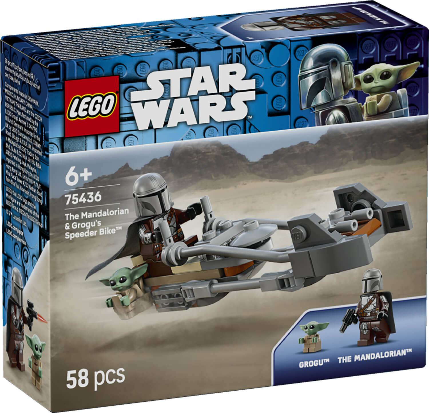 LEGO Star Wars Set mit The Mandalorian und Grogu auf einem Speeder Bike. Geeignet für Kinder ab 6 Jahren, mit 58 Teilen.