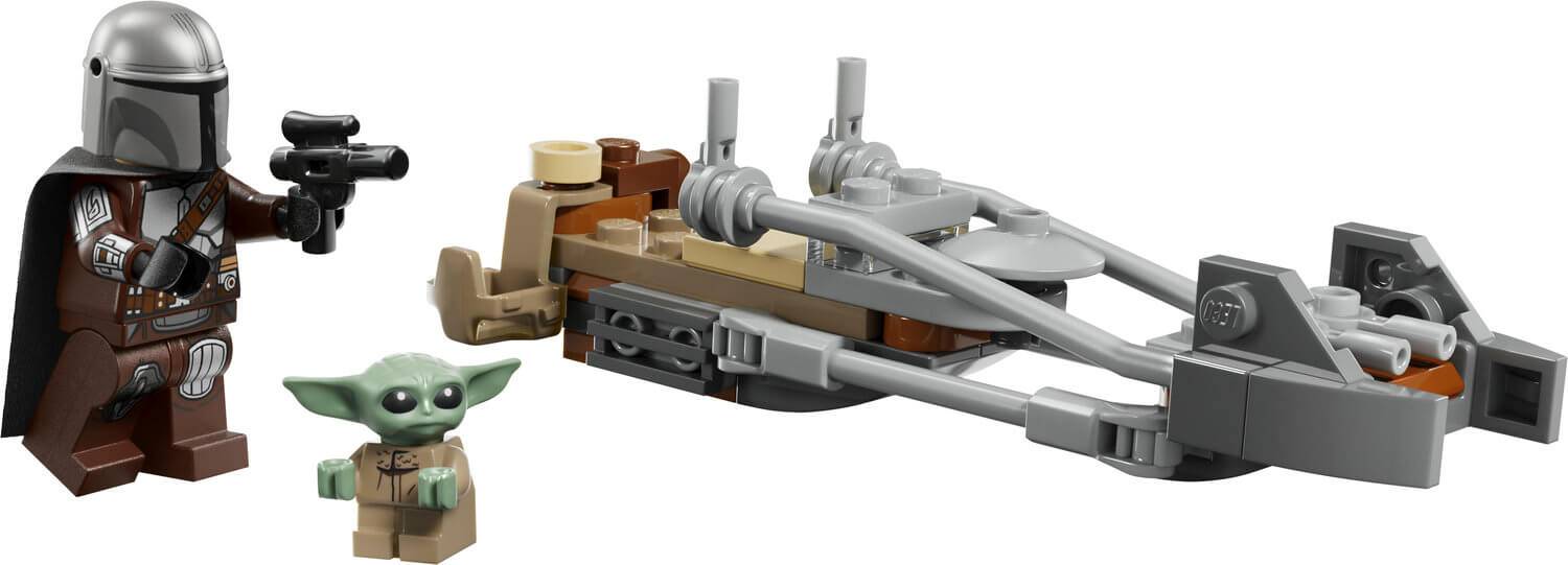 Eine detaillierte Nahaufnahme eines LEGO-Speeder-Bike-Modells, das die aufwändige Zusammensetzung aus grauen und braunen Teilen mit Lenkstangen zeigt.