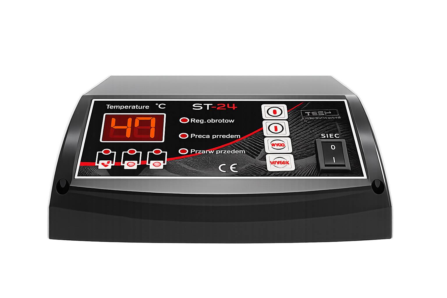 ST-24-Bedienfeld zeigt eine Temperatur von 47°C an mit Schaltflächen zur Regelung und für verschiedene Betriebsmodi.