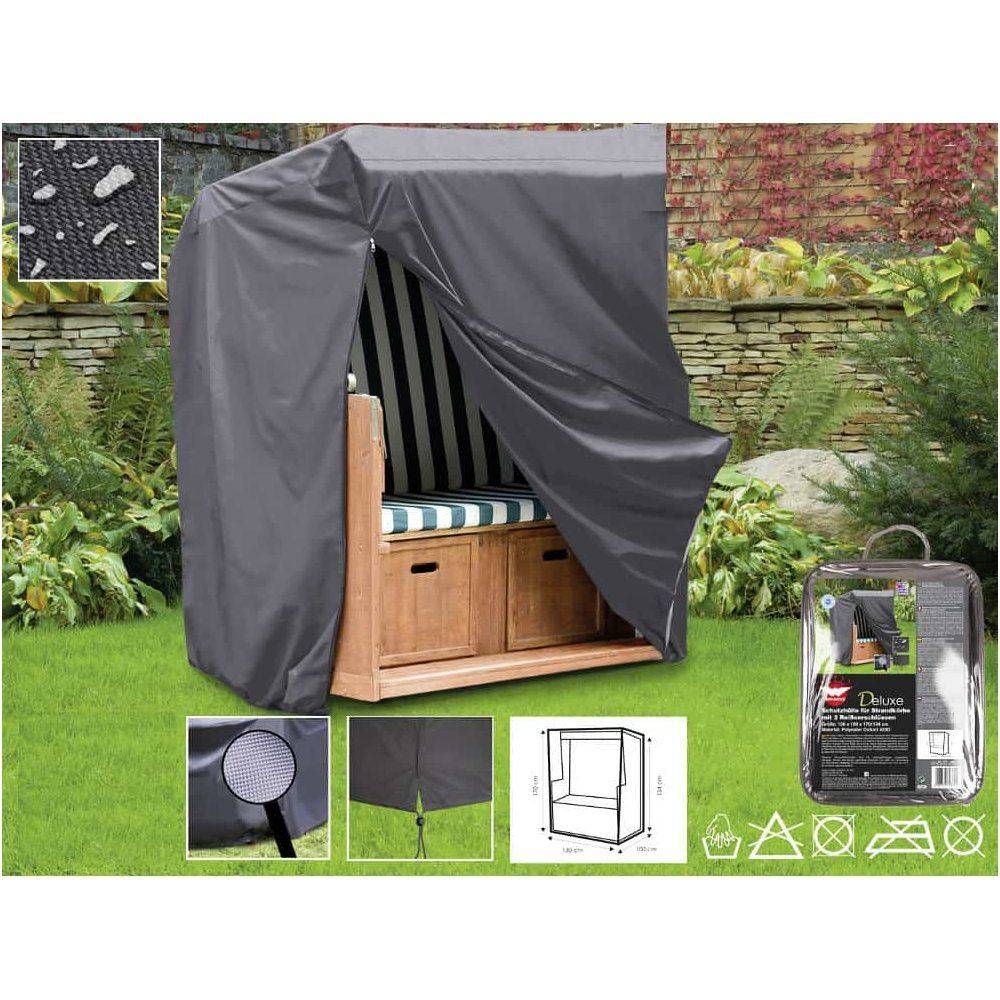 Outdoor-Holzbank mit gestreiftem Kissen, teilweise von einer grauen Schutzabdeckung bedeckt. Einschübe zeigen Abdeckungsfunktionen und Verpackung.