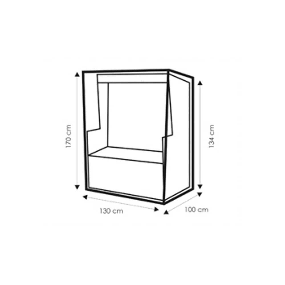 Linienzeichnung einer rechteckigen Schachtel mit den Abmessungen: 170 cm Höhe, 130 cm Breite, 134 cm Tiefe, 100 cm Basisbreite.