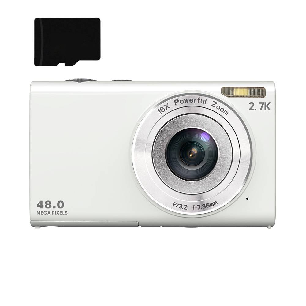 Eine weiße digitale Kamera mit 16-fach Zoom, gekennzeichnet mit 48 Megapixeln und 2,7K Auflösung, neben einem schwarzen quadratischen Objekt.