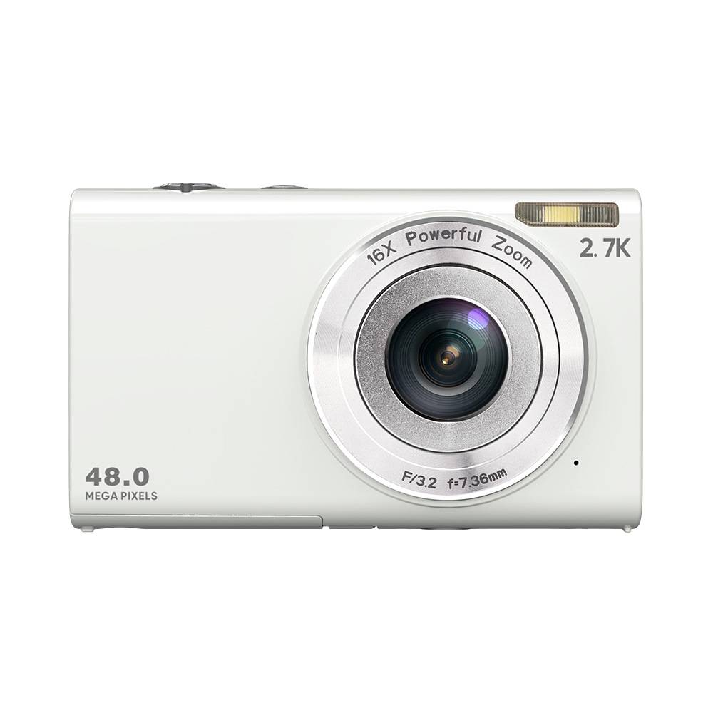 Eine Digitalkamera mit einem 16fachen Zoomobjektiv und 48 Megapixeln, gekennzeichnet mit „2,7K