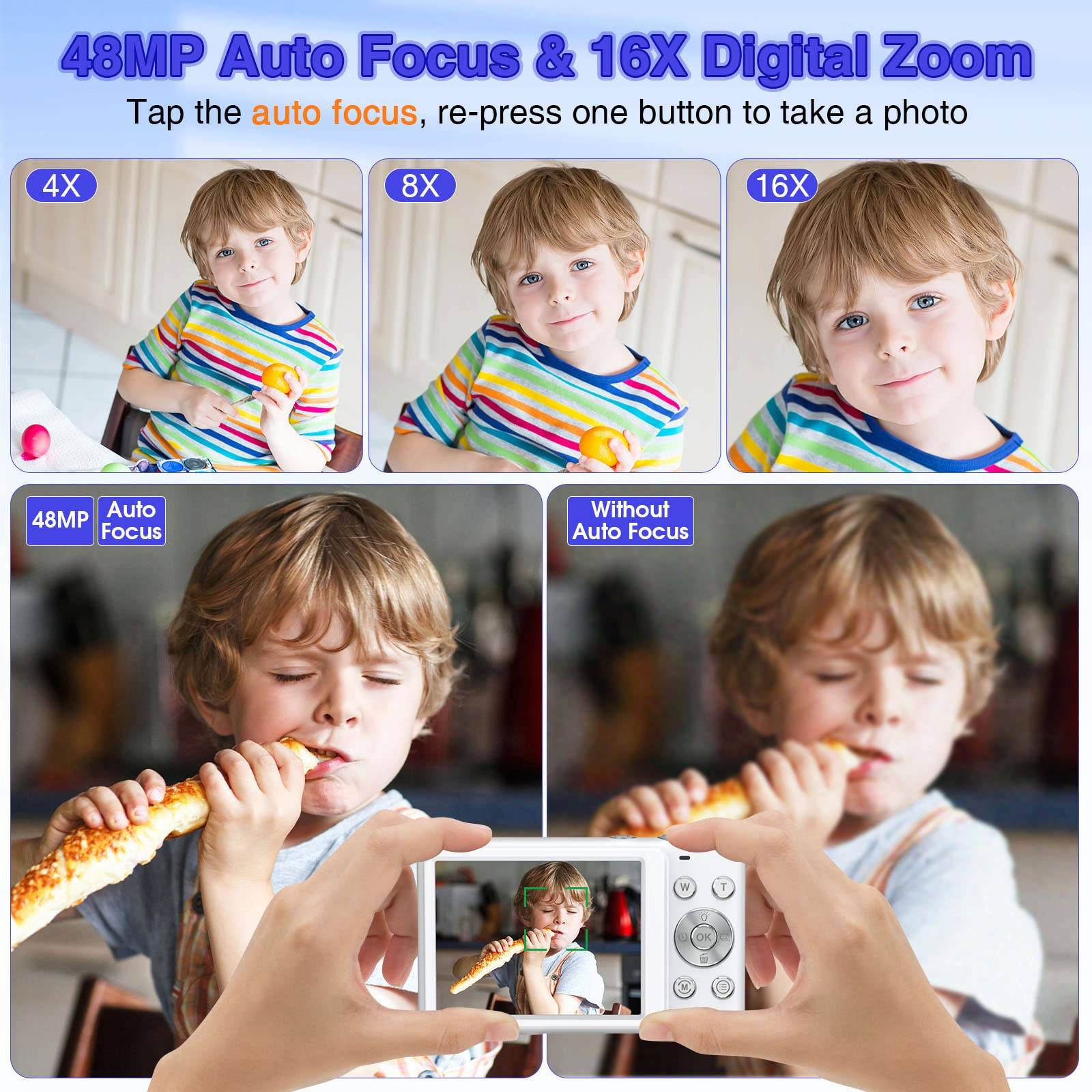 Vergleich eines Kindes, das Pizza isst, in drei Zoom-Stufen: 4X, 8X und 16X. Untere Fotos vergleichen Bilder mit und ohne Autofokus.