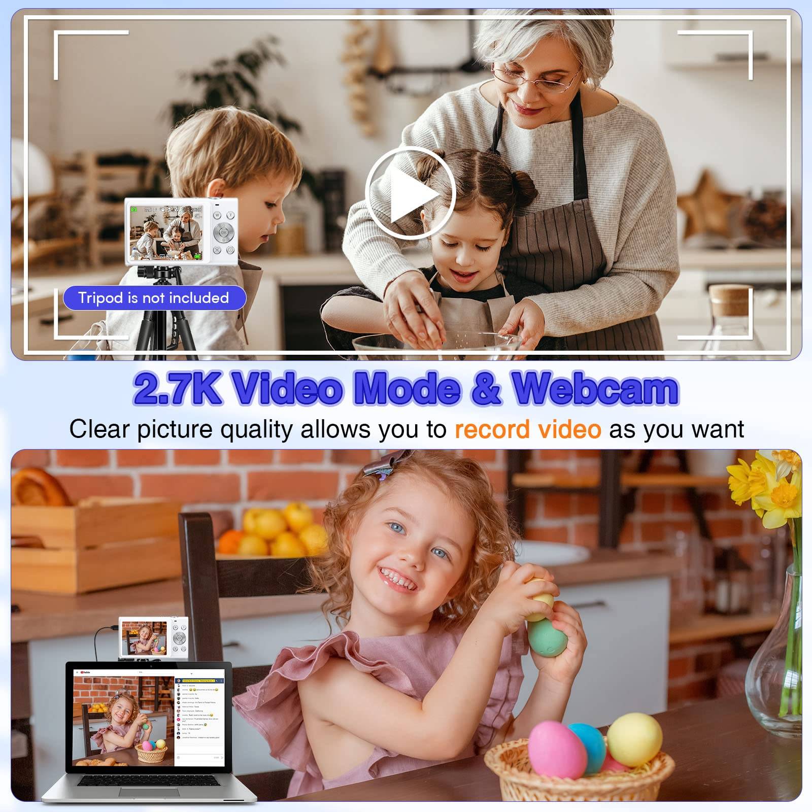 Frau hilft Kindern beim Backen in der Küche; Mädchen lächelt in die Webcam mit Laptop auf dem Tisch, Bildunterschrift: „2,7K Videomodus & Webcam