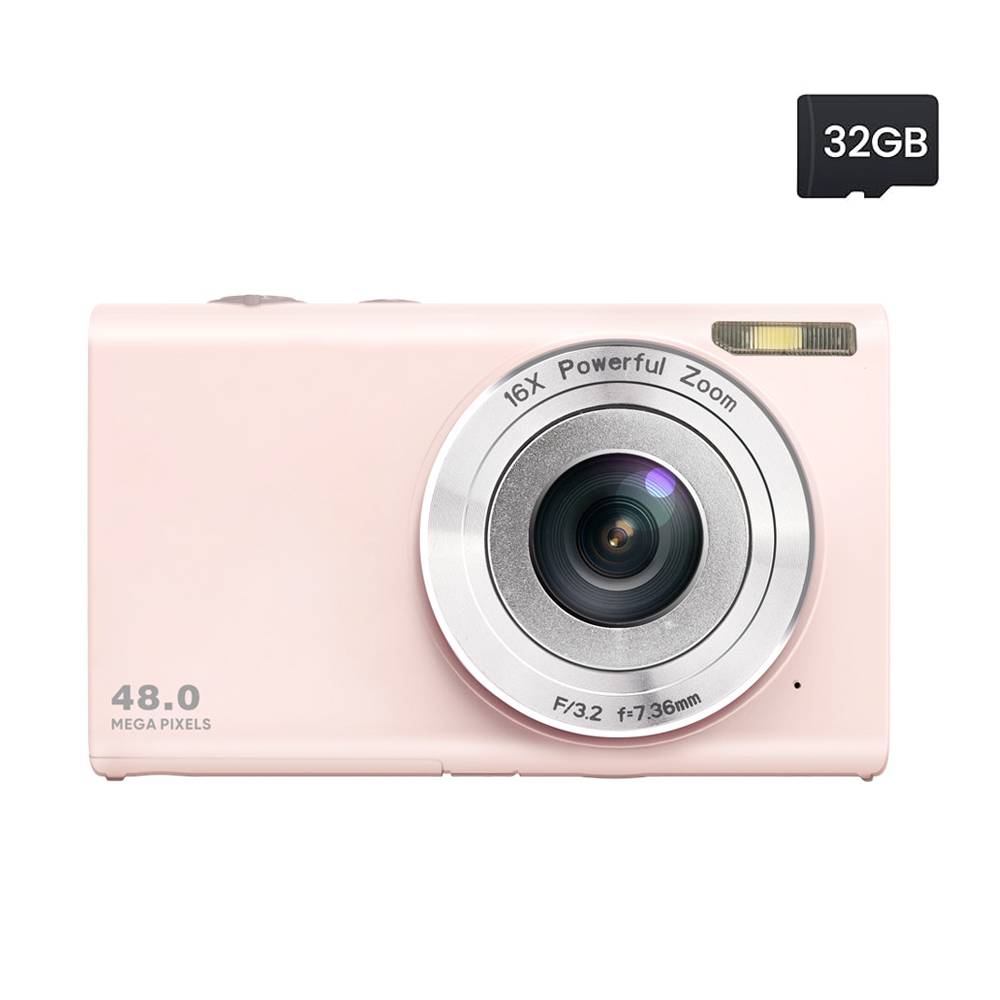 Eine rosa digitale Kamera mit dem Text „48,0 Megapixel